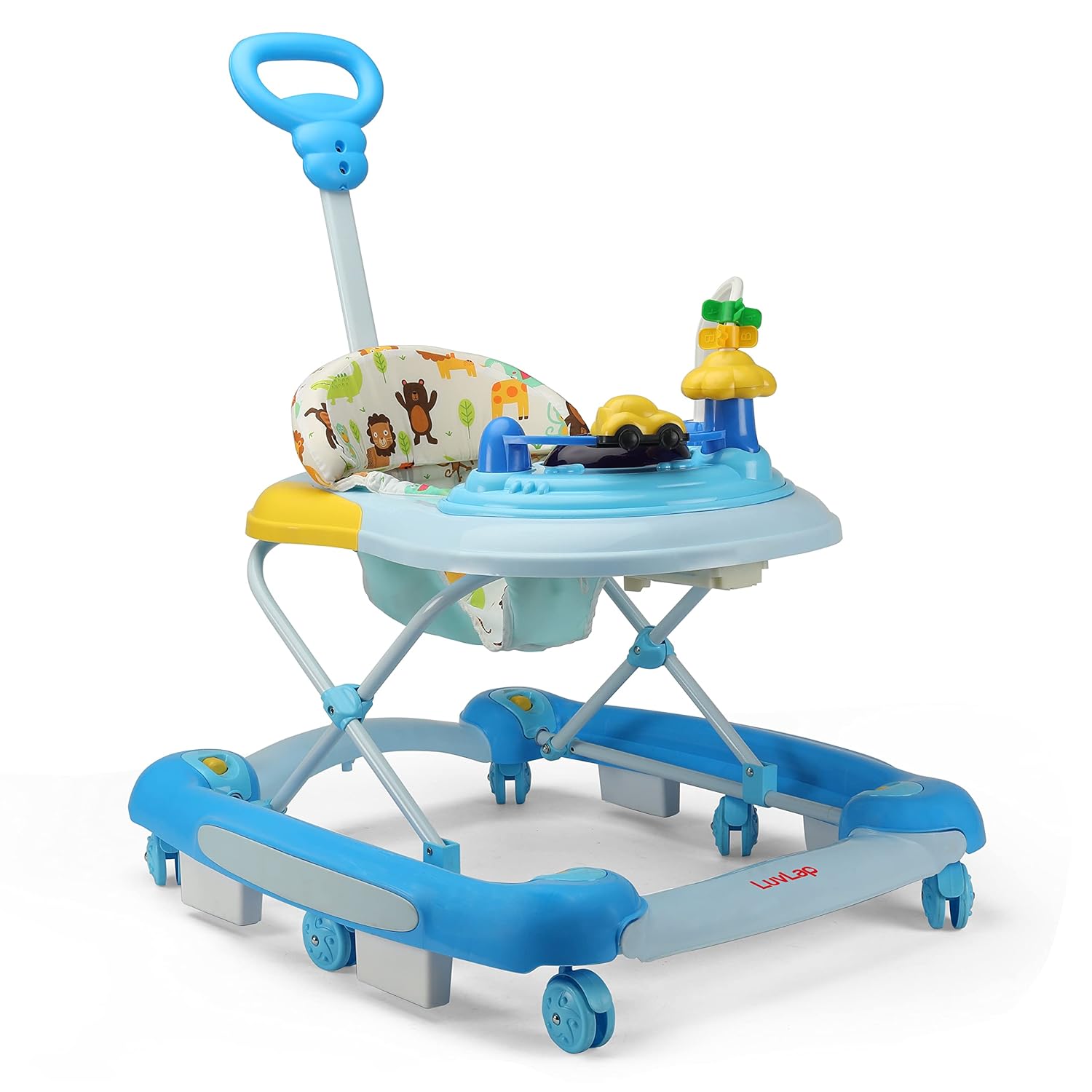 Front-facing view of a yellow and green baby walker with a patterned seat, a green parent handle, and multi-colored activity toys on its tray. www.usmile.toys